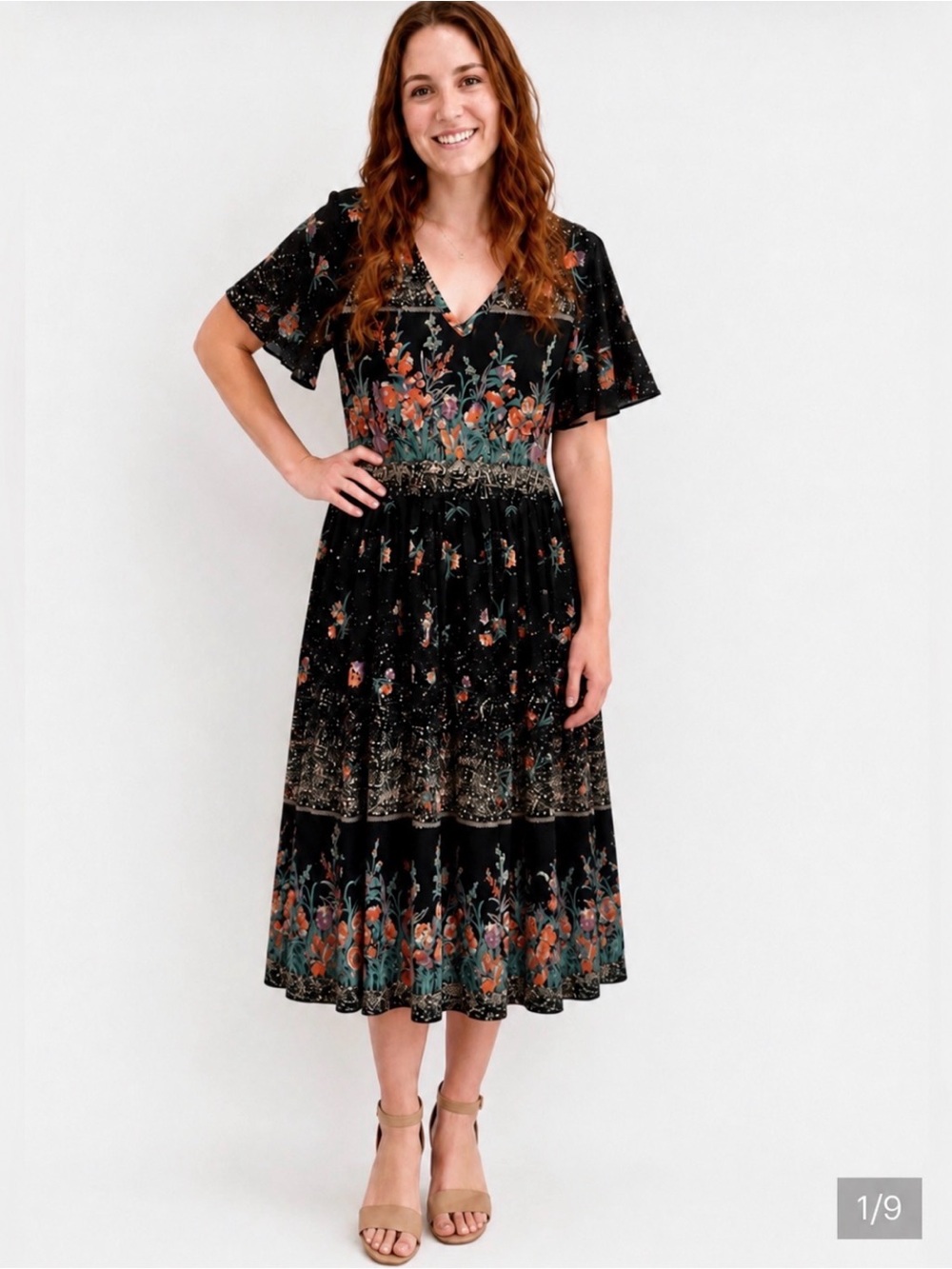 Vintage In Roads Floral Dress 9/10 Black Garden Print Made in‎ USA Cottagecore